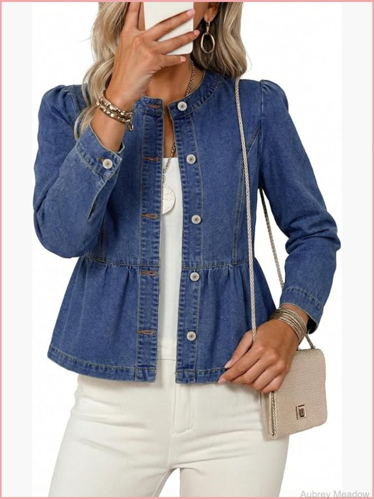 Cropped Jean Jacket Button Down Long Sleeve Collarless Cinched Waist Denim